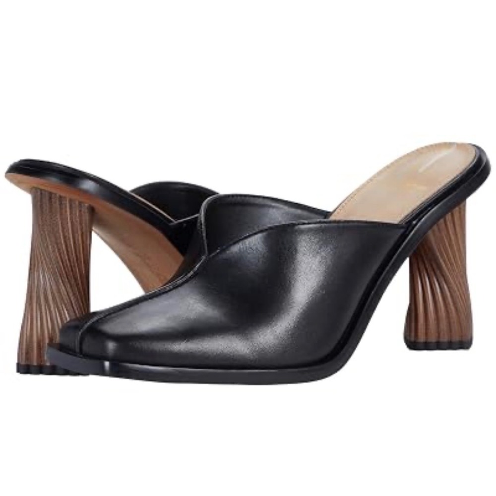 Sam Edelman Black Leather Square Toe Mules Sculptural Twisted Heel Slides size 8